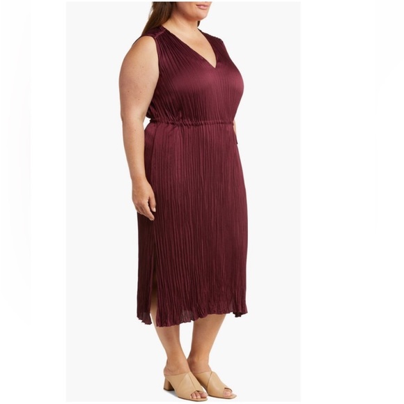 + VINCE + V-Neck Side Tie Satin Plissé Dress - Picture 3 of 5